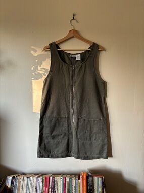 Vintage Zip-Front Utility Jumper Dress in Olive Green